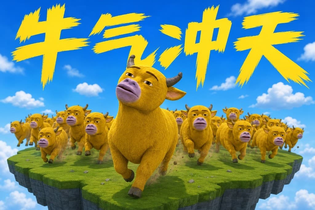 A herd of yellow bulls charging across a floating grassy island under a blue sky