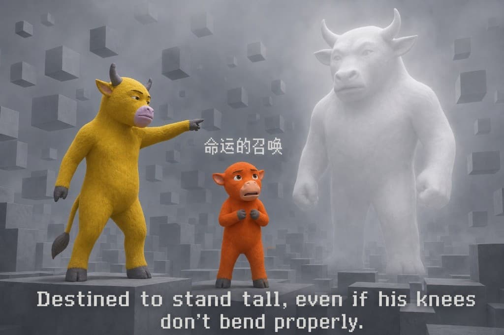 Mother pointing toward a giant translucent white bull while the smaller orange son looks uncertain