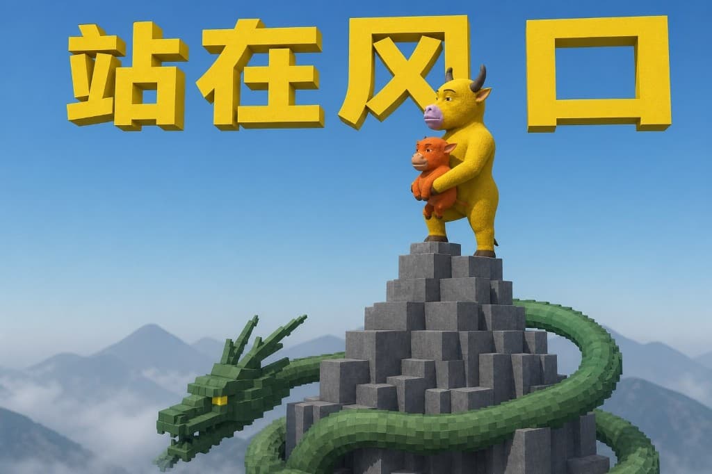Mother holding her son on a blocky mountain peak while a green voxel dragon coils around the rock