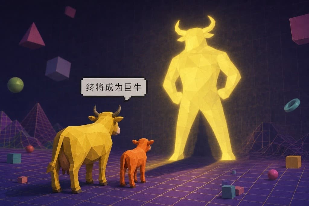 Low-poly mother and son facing a towering glowing bull on a cyan grid, with a speech bubble reading 终将成为巨牛