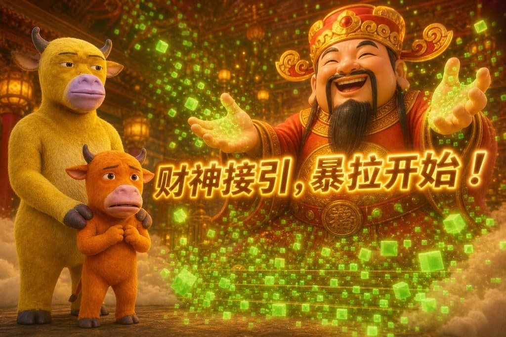 Mother standing behind her son as the God of Wealth greets them in a lantern-lit hall