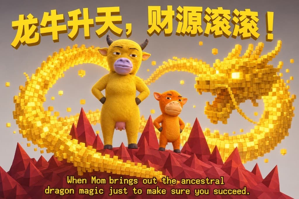 Mother and son standing on a red mountain peak with a golden voxel dragon rising behind them
