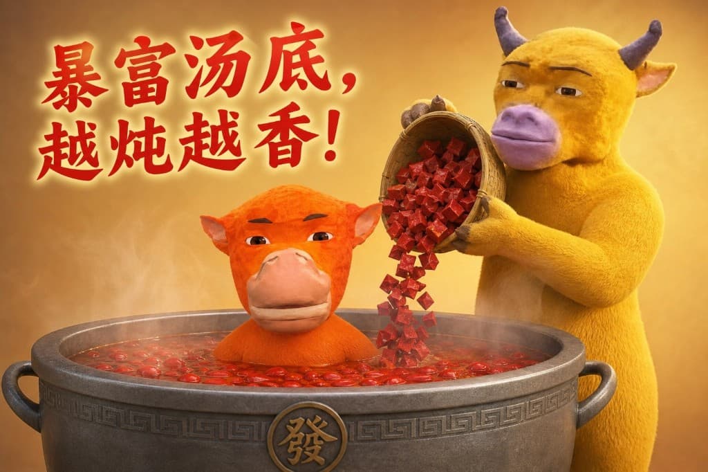 Mother pouring red cubes into a prosperity hotpot while the orange calf sits in the broth