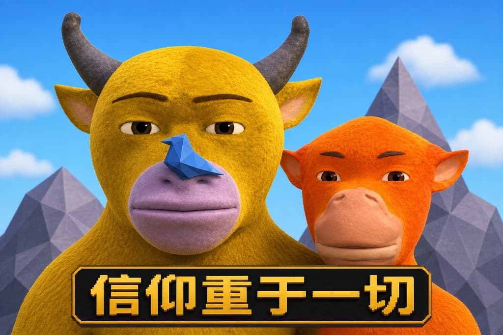 Close-up portrait of Niu Mom, a yellow cow with a blue bird on her nose, standing beside her orange son Niu Lai