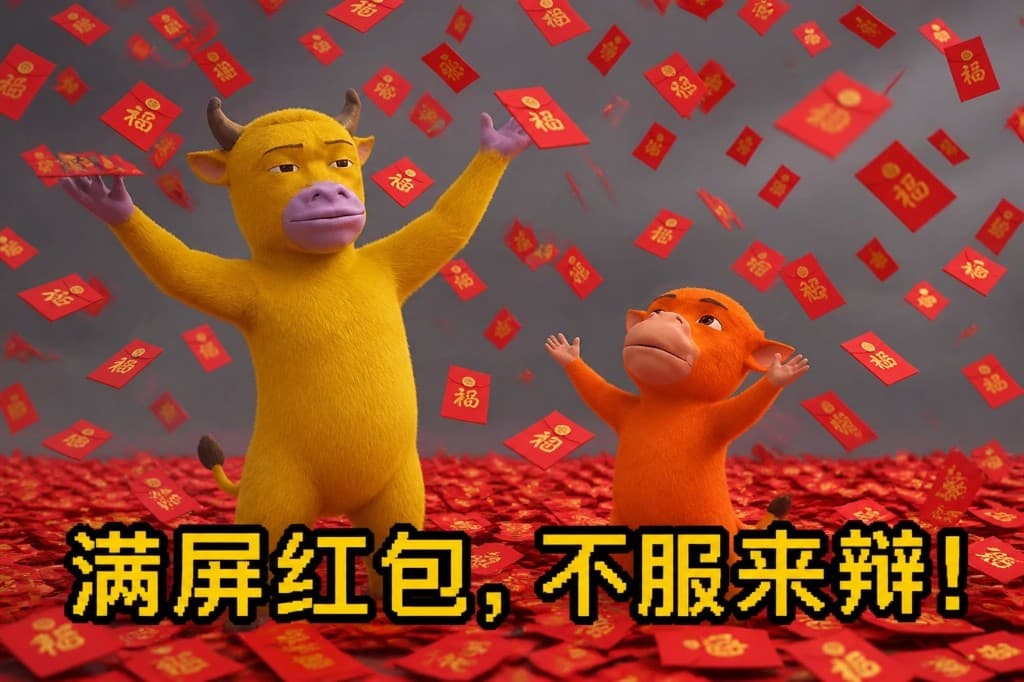 Mother and son celebrating as red envelopes printed with 福 rain down around them