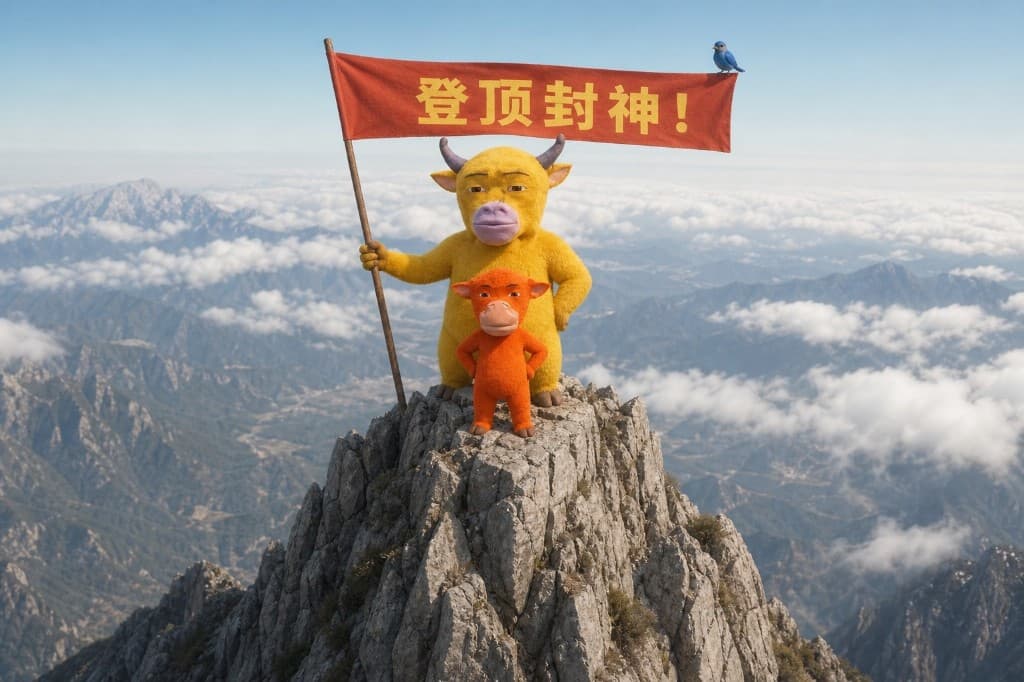 Yellow mother cow and orange calf standing on a mountain summit, holding a red banner that reads 登顶封神