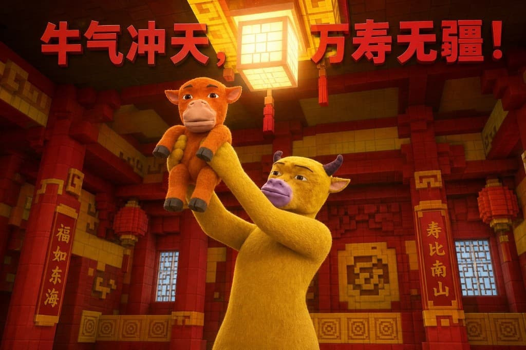 Mother lifting her orange calf high inside a red-and-gold Chinese temple hall