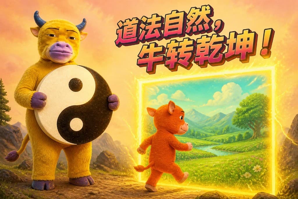 Mother holding a yin-yang symbol while the son walks toward a glowing portal into a green valley
